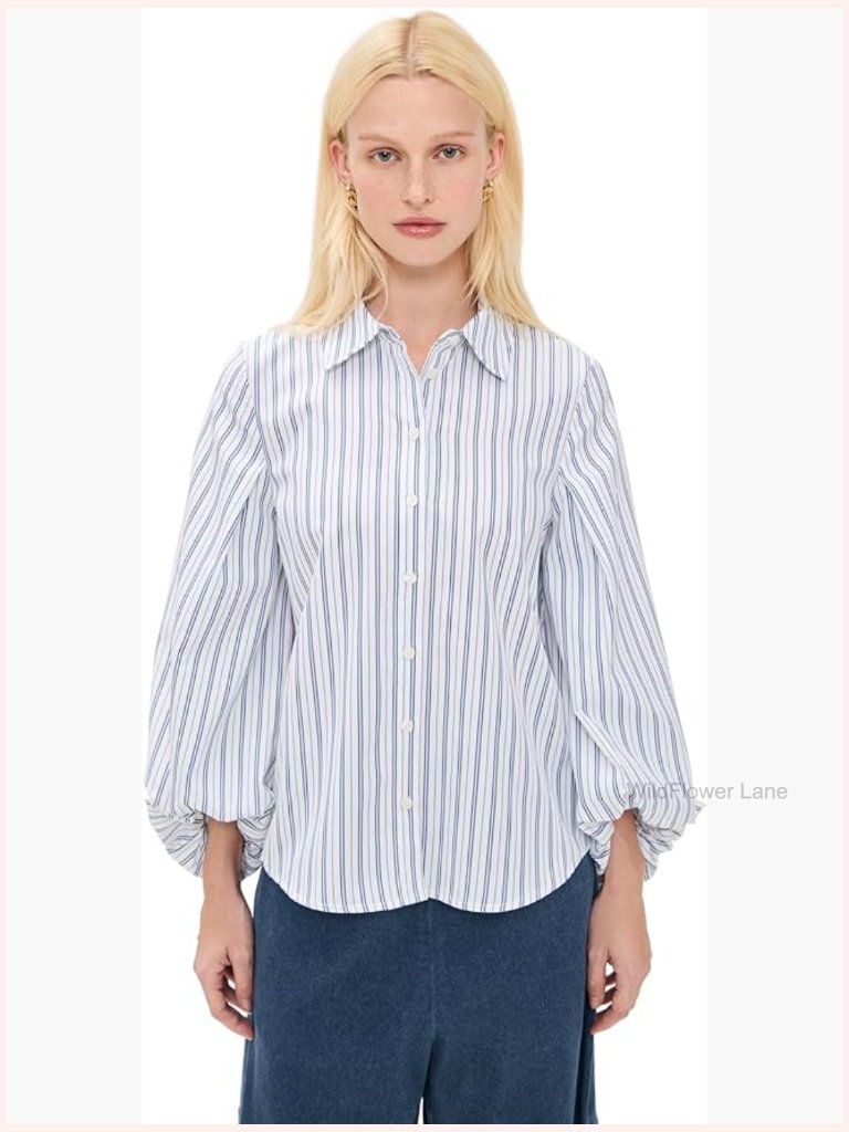 Striped Button-Down Blouse, Long Sleeve, Cotton, Fitted, Collared Neck